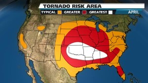 Tornado risk by region for April.  Courtesy of The Weather Channel.