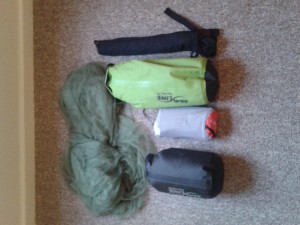 Squito net, tent bag, dry bag, thermarest chair, big agnes sleep pad